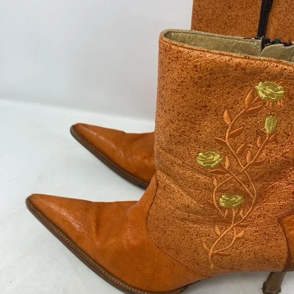 Lagarto Orange Yellow Embroidered Leather Point Toe Heeled Boots - Picture 7 of 12